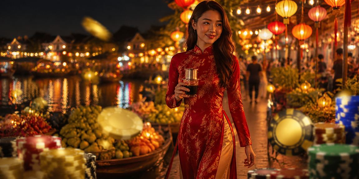 Người dùng tại Hội An uống cà phê và nhận cashback bonus khi cá cược thể thao trực tuyến